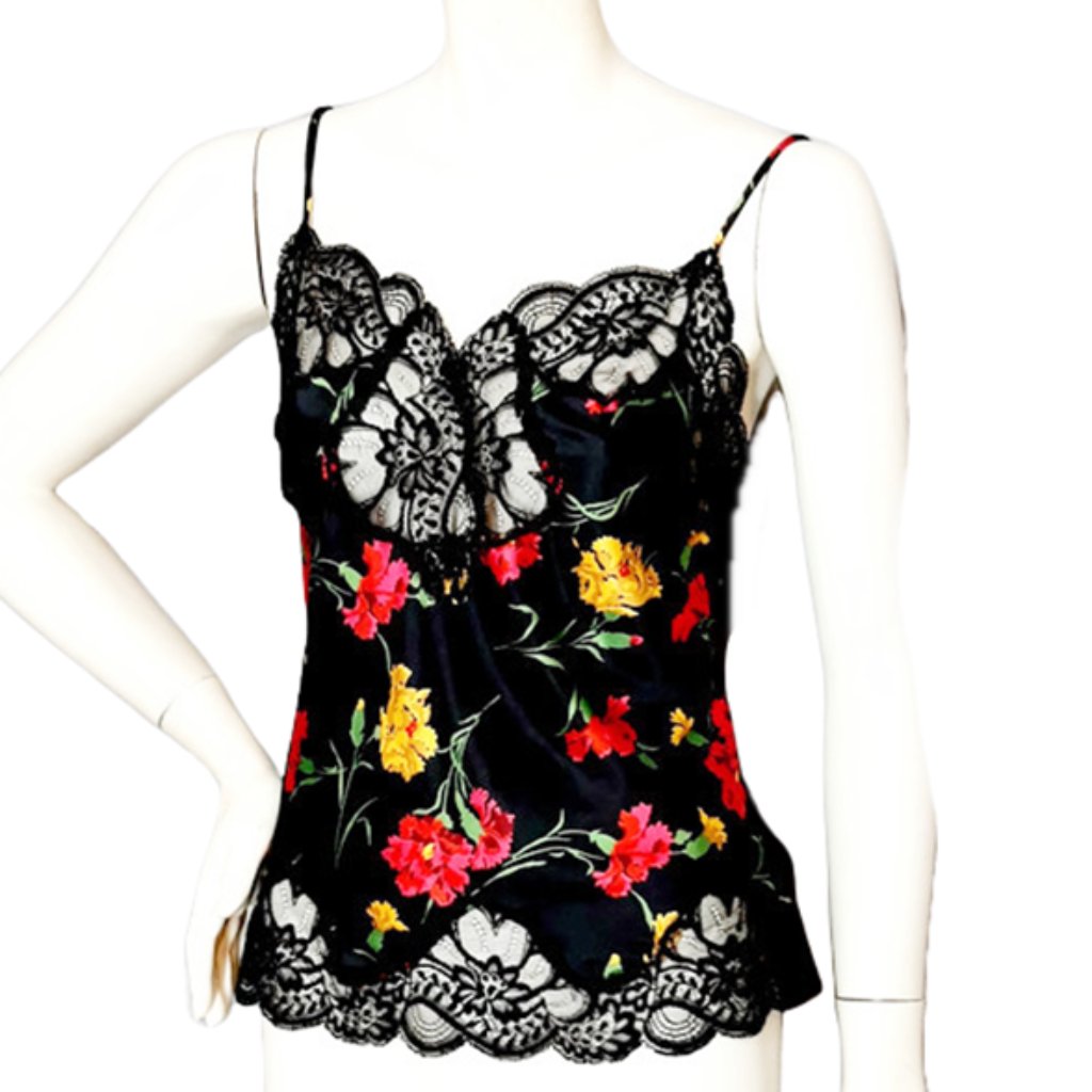 1990s Vintage Designer Black Floral And Lace Camisole Top Oscar De La Renta Nwot